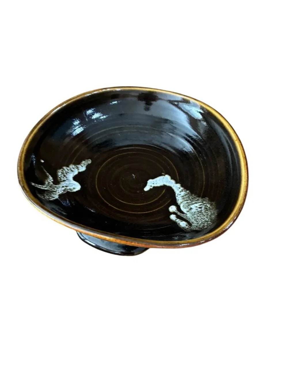 Handcrafted Ceramic Black & Golden Bowl With Abstract‎ Design Signed 9